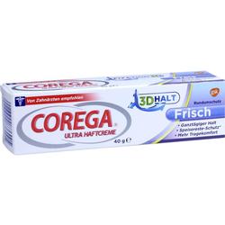 Eine Packung Corega Ultra Haftcreme für Zahnprothesen.