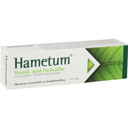 Hametum Wund- und Heilsalbe in einer weißen Verpackung mit grünem Blattmotiv.