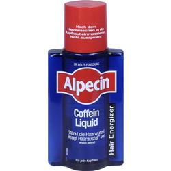 Blaues Fläschchen mit rotem Deckel, darauf steht "Alpecin Coffein Liquid".
