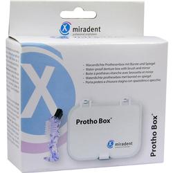 Verpackung einer wasserdichten Prothesenbox mit Bürste und Spiegel.