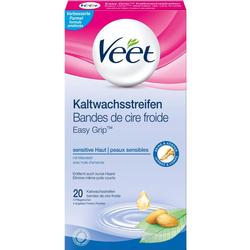 Eine Packung Veet Kaltwachsstreifen für empfindliche Haut mit Mandelöl.