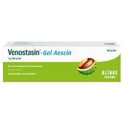 Weiße Tube "Venostasin-Gel Aescin" mit grünem Bereich und Kastanienbild.