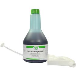 Sprayflasche mit grünem Deckel und Etikett, daneben eine weiße Pumpe.
