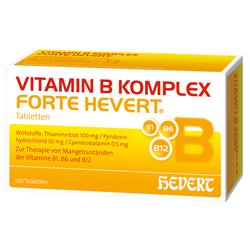 Schachtel mit Vitamin B Komplex Forte Tabletten, gelb-orange gestaltet.