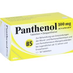 Gelbe Packung von Panthenol Tabletten zur Behandlung von Entzündungen, 50 Stück.