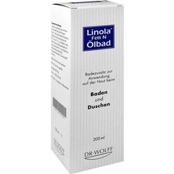 Weiße Verpackung des "Linola Fett N Ölbad" für Baden und Duschen.