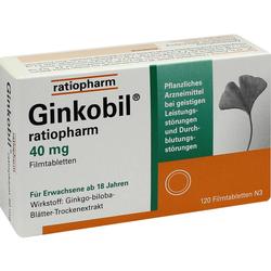 Eine Packung Ginkobil-Tabletten von Ratiopharm mit 40 mg für Erwachsene.