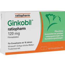 Verpackung von Ginkobil Filmtabletten mit 120 mg für Erwachsene ab 18 Jahren.