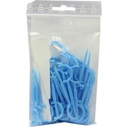 Eine durchsichtige Tüte voller blauer Zahnseidenhalter.