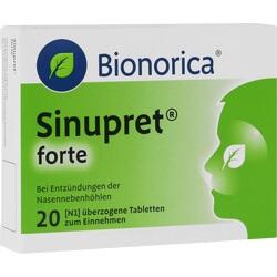 Verpackung von Sinupret forte Tabletten gegen Nasennebenhöhlenentzündung.
