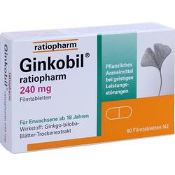 Eine Packung Ginkobil Tabletten von Ratiopharm mit 240 mg Ginkgo-Extrakt.