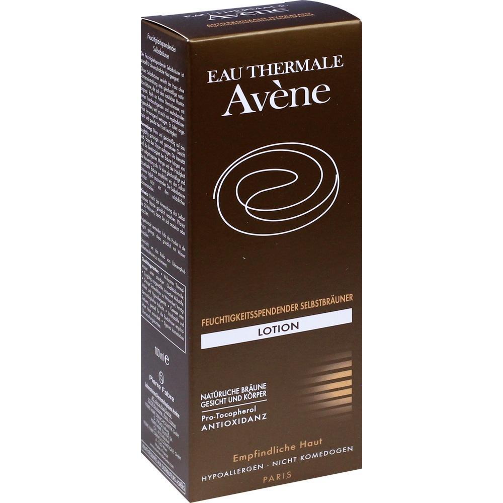 Eine braune Verpackung einer feuchtigkeitsspendenden Selbstbräuner-Lotion von Avène.