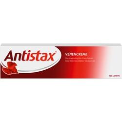 Eine weiße Verpackung von Antistax Venencreme mit rotem Schriftzug und einem Weinblatt.