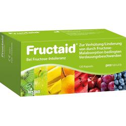 Grüne Fructaid-Verpackung mit Bildern von buntem Obst für Fructose-Intoleranz.