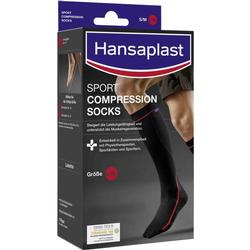 Verpackung für schwarze Sport-Kompressionssocken von Hansaplast in Größe L/XL.