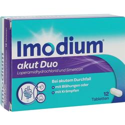 Verpackung von Imodium akut Duo Tabletten gegen Durchfall, Blähungen und Krämpfe.