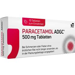 Weiße Packung Paracetamol 500 mg Tabletten gegen Schmerzen und Fieber, 10 Stück.